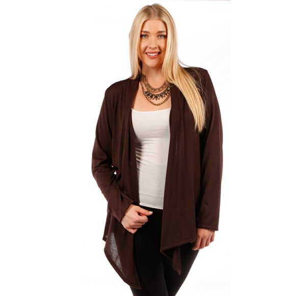 Waterfal Draped Open Style Knit Cardigan 123X BROW - Picture 3 of 4